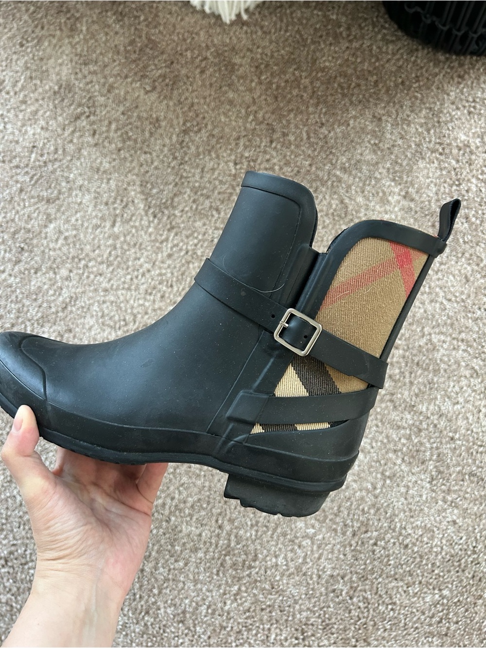Burberry Black Women's Chelsea Rain Ankle Boots with Plaid Panel - Picture 2 of 8